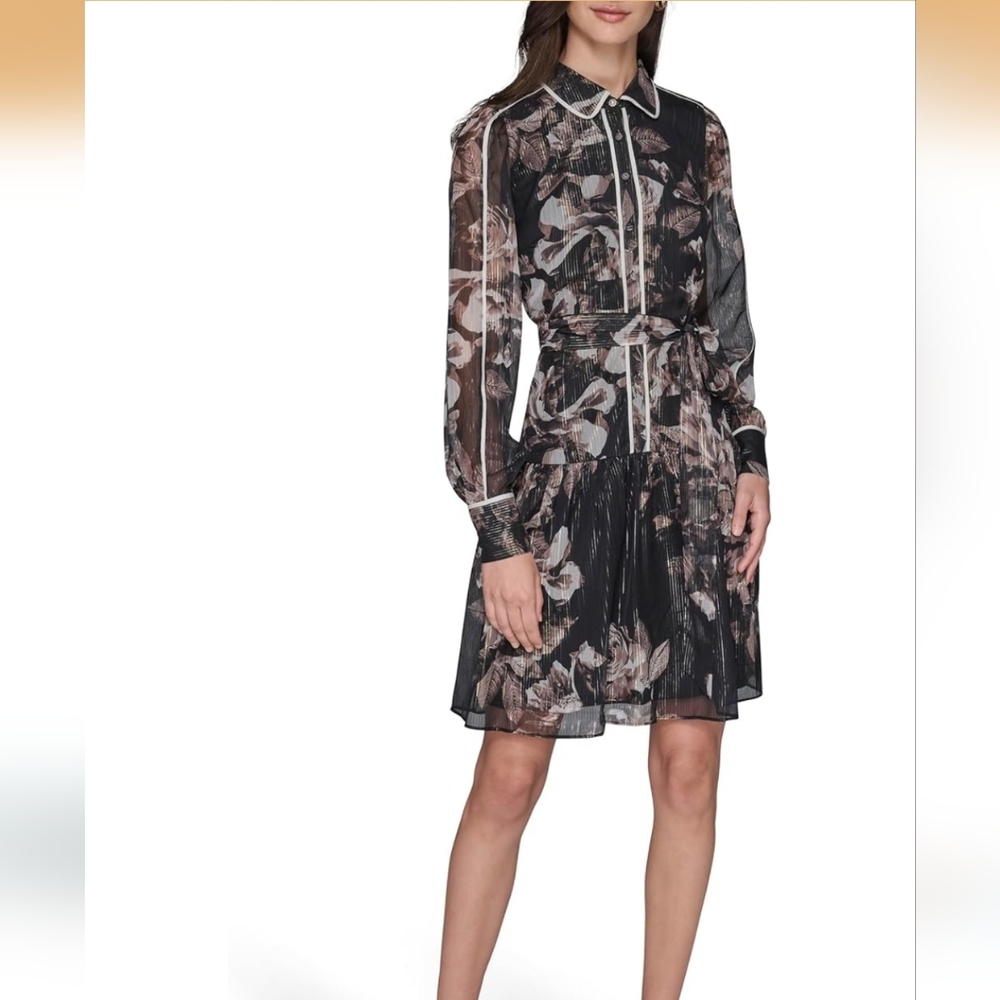 Karl Lagerfeld Black and Gold Tone Floral Chiffon Mini Dress